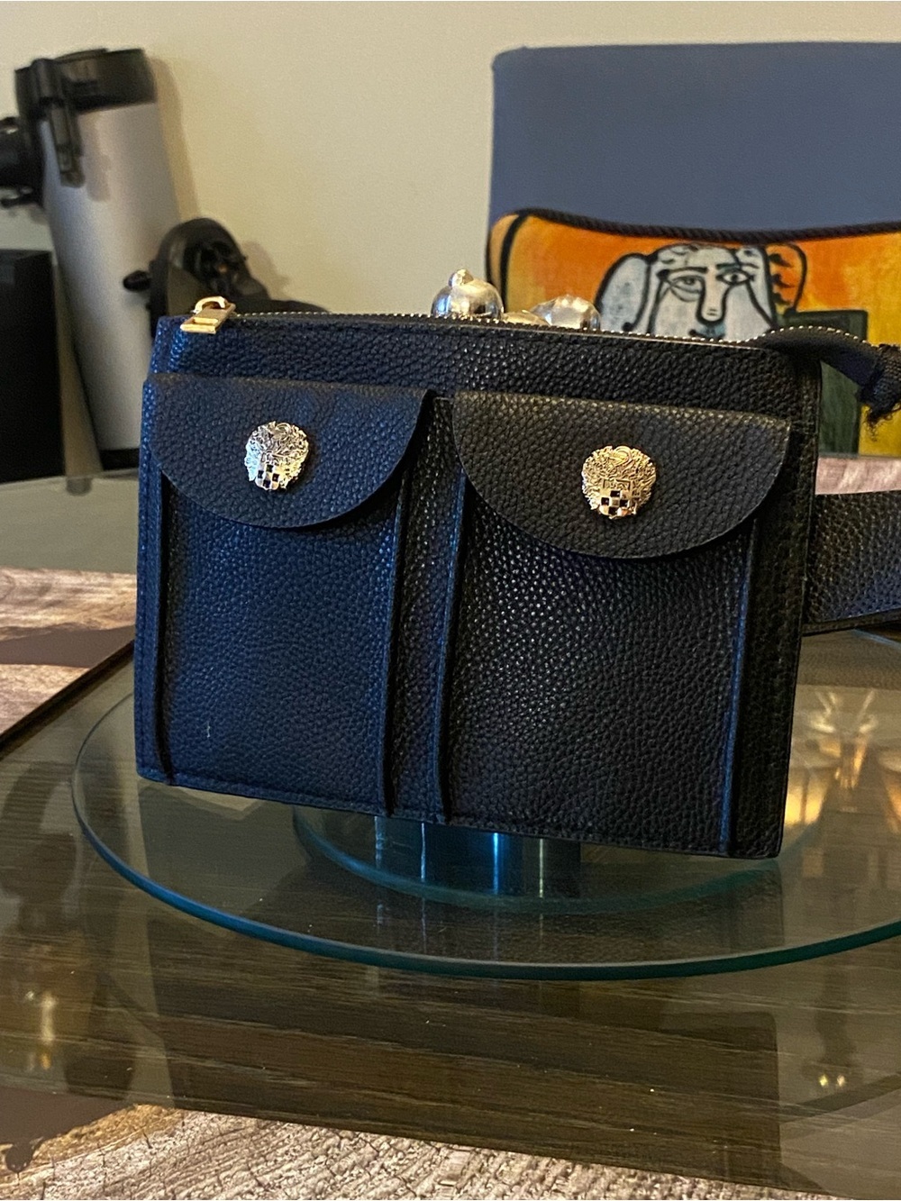 Vince Camuto Black Pebbled Leather Double Pocket Wristlet with Gold Medallions